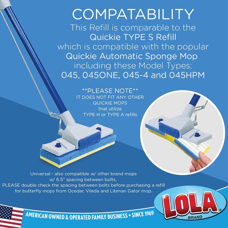 Lola Products Squeeze Matic Butterfly Sponge Mop Refill, 9", Replacement