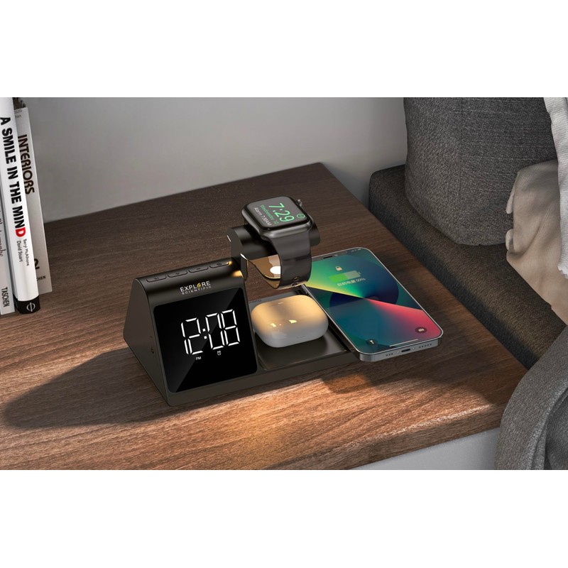 Explore Scientific BCC2001 Desk or Bedside Clock, Wireless Multicharge, Alarm