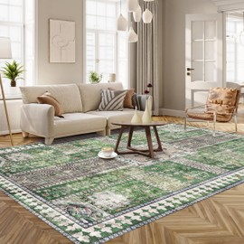 YARNSCAPE Vintage 8' x 10' Washable Area Rug - Stylish Indoor Rug for Living, Dining or Bedroom - Lightweight Carpet with Non-Slip Backing - Foldable for Easy Placement and Maintenance - Green