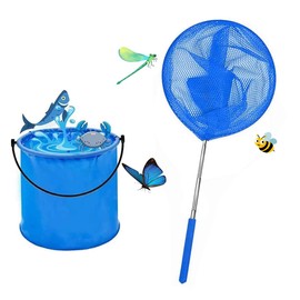 Telescopic Butterfly Nets, Extendable Fishing Nets with Folding Water Buckets for Catching Crabbing Bugs Insects Bird Playing Beach Ponds Pool Outdoor Telescopic Catching Net