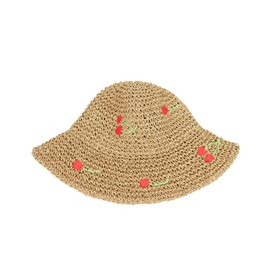 Gllutt Women Straw Sun Hat Foldable Beach Hat Wide Brim Floppy Bucket Hat (Khaki-Cherry)