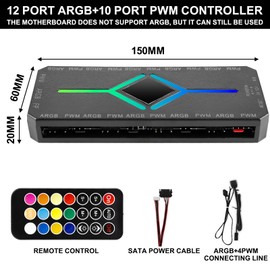 2-in-1 ARGB PWM Fan Hub with Controller, 10 x 4-Pin PWM Fan Connectors & 12 x 5V 3-Pin ARGB Ports, RGB Case FanHub with Magnetic Base and SATA Power 20 Port, Wireless ARGB Controller with Remote