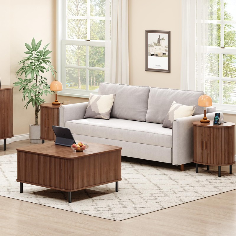 ONBRILL Oval End Table with Storage & Charging Station, Fluted