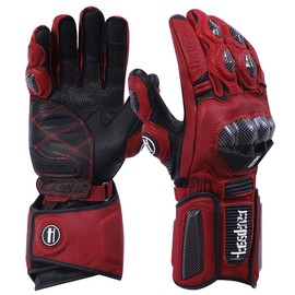 Harssidanzar Leather Motorcycle Gloves Men and Women,Powersports Carbon Fiber Knuckle Protection Motorbike Gloves KM045UK,Oxblood/Black,Size XL