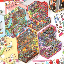 4 Sets DIY 3D Large Size Vintage Clamshell House Sticker Scenes with Tweezers Make Your Own Beverage Record Game Center Shop Scene Stickers Micro 80s 90s Room Stickers for Relief Stress Pass The Time