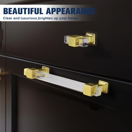 10 Pack Orger 3" Hole Centers Kitchen Cabinet Handles, Clear Square Tube Acrylic Drawer Handles with Gold Finish Base, Cabinet Pulls for Bedroom Cabinet Dresser Cupboard Wardrob