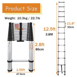 Aluminum Telescoping Ladder 12.5FT, 330lbs Load, Portable Extension Ladder Attic Ladder Adjustable Height, 2.8ft Folded, EN131 Standard, Multi-Function Ladder for Home, Loft, Office