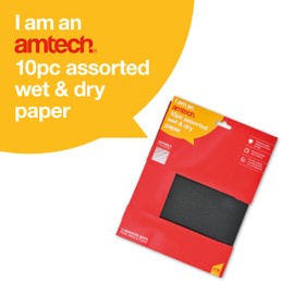 Amtech - Wet and Dry Silicon Carbide Paper for Sanding Metal, Wood, Glass, and More, Home DIY, Ideal for Vehicle Bodywork, Waterproof, Durable and Long Lasting, Includes 3 Grits (10 Piece)