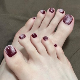 Artquee Burgundy Cat Eye Press on Toenails for Women Short Fake Toe Nails with Adhesive Reusable Square Glossy Full Cover Tip Toenail Kit - 30 Pcs in 15 Sizes