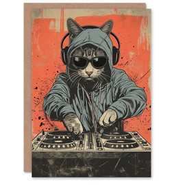 Artery8 Birthday Card DJ Cat with Sunglasses and Hoodie for Him Man Male Dad Brother Son Papa Grandad Greeting Card