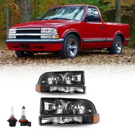 XuChenKJ Headlight Assembly w/Bulbs Compatible with 1998 1999 2000 2001 2002 2003 2004 Chevy S10/Blazer (BLACK+AMBER SIDE)