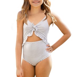 Saodimallsu Trajes de baño de una pieza con volantes recortados para niñas, diseño floral de cintura alta con lazo frontal, Blanco, 5-6 Años