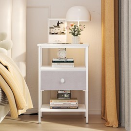 VECELO Nightstand with Charging Station, End Side Table with Fabric Drawer, 2 USB Ports & AC Outlets, Open Storage Shelf, Ideal for Bedroom Living Room