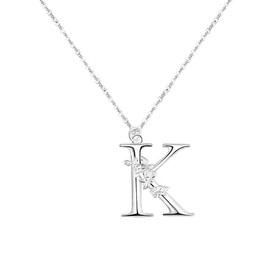 FIDWALL Letter Sterling Silver Necklace for Women - Adjustable 45cm+5cm Floral Design 925 Silver Jewelry, Unique Teacher, Mom,Nanny,Friend Gift with Flower Engraved Pendant (K)