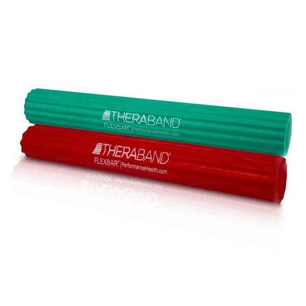 TheraBand FlexBar, barra de terapia de codo de tenista, alivia el dolor de tendinitis y mejora la fuerza de agarre, barra de resistencia para golfistas codo y tendinitis, ligero, mediano, paquete de 2, rojo, verde