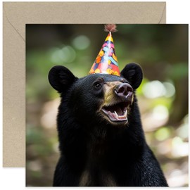 Fun Birthday Cards for Him or Her - Funny Black Bear Party Hat Photo Greeting Card for Friends and Family - Gifts for Them - Art Photography Birthday Card - Friend Colleague