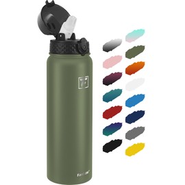 Fanhaw 1L Stainless Steel Insulated Sports Water Bottles with Straw Kids, Men and Women (Olive Green)