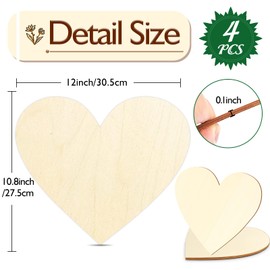 Wood Hearts for Crafts 12 Inch, 4 Pack DIY Blank Wooden Ornaments for Crafts Unfinished Wood Cutout for Crafts Valentine's Hearts Wooden Things to Paint On