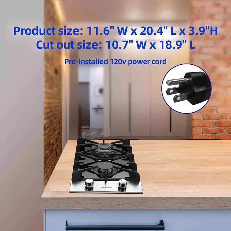 Eascookchef Kitchen Gas Cooktop Dual Burners Black Tempered Glass Countertop