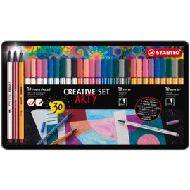 Premium Felt Pen with Brush Tip, Premium Felt Pen & Fineliner - STABILO Pen 68 Brush, Pen 68 & Point 88 - ARTY - 30 Metal Case - 10x Pen 68 Brush, 10x Pen 68 & 10x Point 88