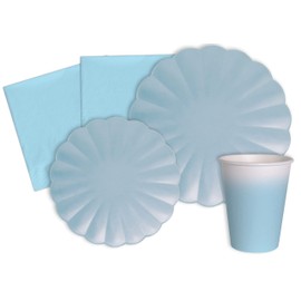 Kit Party Tavola Flower Shape per 8 persone (44 pezzi: 8 piatti Ø23cm, 8 piatti Ø18cm, 8 bicchieri 200ml, 20 tovaglioli 33x33cm) in carta compostabile eco-friendly, azzurro pastello