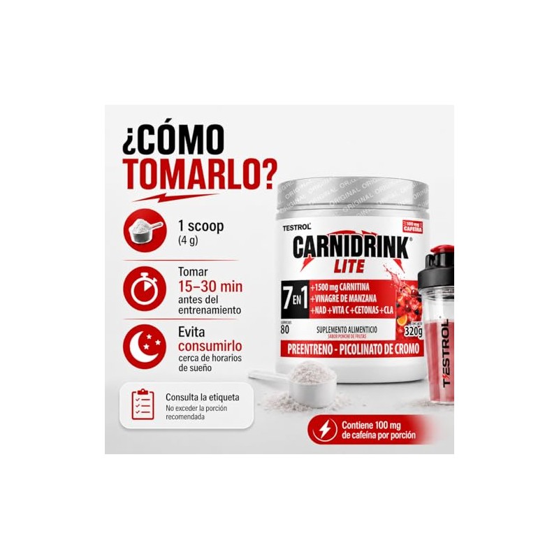 Preentreno Carnidrink Carnitina Bebible Polvo Tartrato 1500mg Cafeína Nad Vinagre