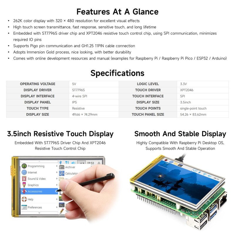 Waveshare 3.5 inch Resistive Touch Display (G) for Raspberry Pi,