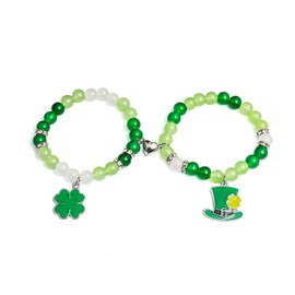 St. Patrick's Day Matching Bracelets Green Leaf Clover Couples Friendship Bracelets Heart Stone Beads Lucky Shamrock Hat Distance Promise Bracelet for Best Friends Bff Couples Irish Festival Costume- A