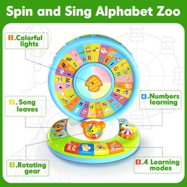Aigybobo Toys for 1 2 3 Years Old Boys Girls, Musical Spin & Sing Alphabet Zoo with Lights & Sounds, Learning Educational Toys for Toddler 1-3, Christmas Birthday Gifts for Baby Kids Age 12-18 Months