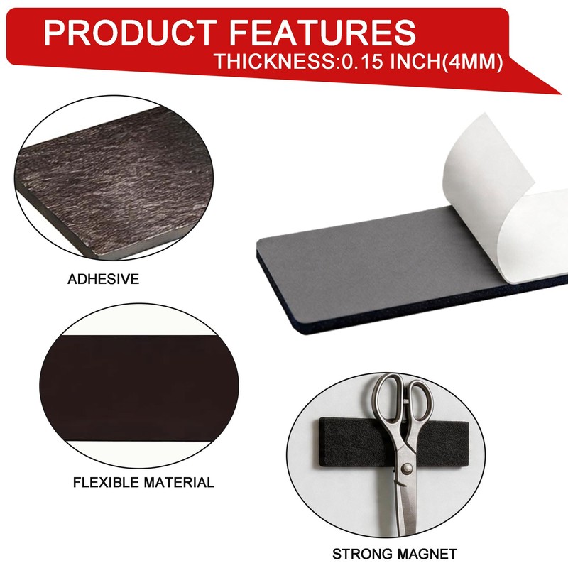 TSUYA Magnetic Strips, 0.15 inches（4mm）Thick Strong Adhesive Flexible Magnetic Tape