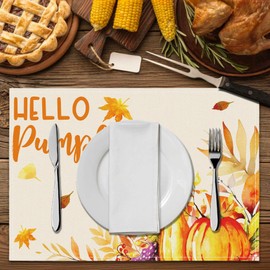 RZQIJ Hello Pumpkins Fall Placemats Set of 4, 12x18 Harvest Pumpkins Maple Leaves Table Mat Decor, Seasonal Autumn Table Decors for Thanksgiving Dining Kitchen Holiday Party. (015)