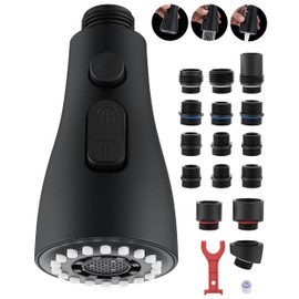 Kitchen Faucet Head Replacement with 15 Adapters - 3 Functions Pull Down Spray Head for Kitchen Faucet, Pull Out Faucet Sprayer Head Nozzle, Kitchen Sink Faucet Sprayer Head Replacement, Matte Black