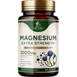 Nature's Nutrition Suplemento mineral de magnesio 1000 mg - Citrato de magnesio de alta potencia para la salud de los huesos, el corazón, los nervios y los músculos, complejo de magnesio de la natura