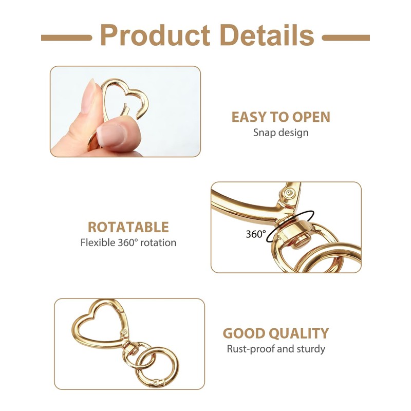 24 Pcs Heart Shaped Keychain Clip, Swivel Lobster Clasp Gold