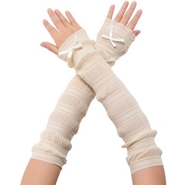CABODYALS Beige Bow Knot Ruffle Arm Leg Cover Sleeves Lace Summer Sun UV Protection Kawaii Outdoor Cooling Cute Pleated Fingerless Gloves Accessories Sleeve for Women s Costume Clothes