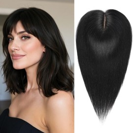 HAIRCUBE Hair Toppers For Women With Thinning 5"*5" Large Base Real Hair Toppers For Women, 14 Inch For Hand-Woven, 60g, Silk, Natural, Realistic, Use Daily, Hairloss, Natural Black, with bangs