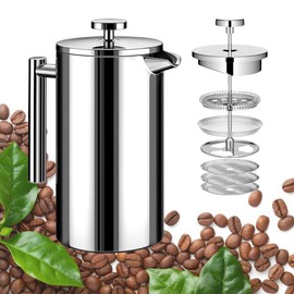 Small Stainless Steel French Press Coffee Maker 21oz(3 Cups), Double Wall Insulated for Hot& Cold Brew, Compact Coffee& Tea Press for Camping, Office, Travel with 3 Ultra-Fine Filters & Spoon- Silver