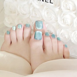 NICENEEDED 24PCS Light Blue Fake Toe Nails, Glitter Short Square Acrylic Toenails Reusable Artificial Nails, Full Cover Press on Toe Nails for Women DIY Manicure Decoration