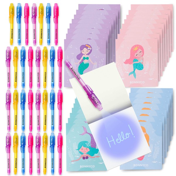 BONNYCO Invisible Ink Pen and Notebook Pack of 32 Mermaid Party Favors for Kids | Spy Pen Mermaid Party Supplies, Prizes for Kids | Magic Pen Mermaid Birthday Party Favors, Prizes for Students