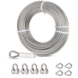 hannger 1/4 Stainless Steel Cable, 100ft Wire Rope with Wire Rope Clamps and Thimble, 6400lbs Breaking Strength, 7X19 Strands Aircraft Cable for Yard Zipline, Deck Railing, Boat Lifts