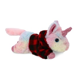 DolliBu Sunday Rainbow Unicorn Stuffed Animal with Plaid Red Hoodie Sweater and Personalization - Plush Lumberjack Stuffed Toy with Plaid Jacket Dress Up for Christmas, Holiday, Winter - 10.5 Inches