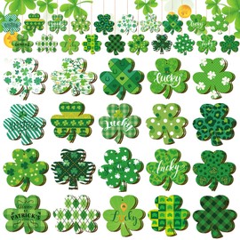 Anglechic 40 Pcs St. Patrick's Day Ornaments Irish Shamrock Wooden Ornaments Green St. Patrick's Day Clover Hanging Ornaments with Rope Good Luck Cutouts for Tree Table DIY Crafts Party Decorations