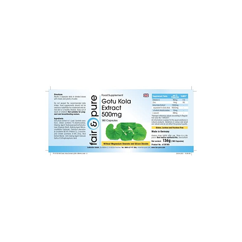 Gotu Kola Extract 500 mg - Vegan - 180 Capsules