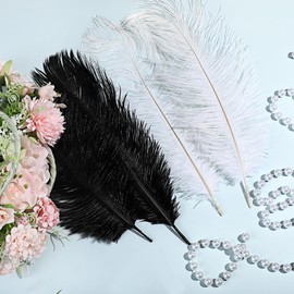 XunYee 120 Pcs 1920s Natural Ostrich Feathers Bulk 10-12 Inch/ 12-14 Inch Large Ostrich Feather Plumes for Centerpieces Bulk Feathers for Wedding Dancing Table Party Decoration(Black, White)