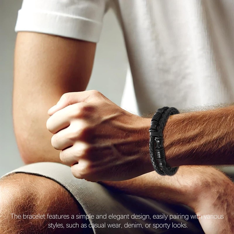 Tienyuu Men’s Double-Row Braided Leather Bracelet with Stainless Steel Ornaments