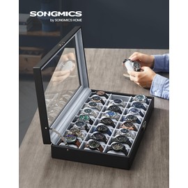 SONGMICS 24-Slot Watch Box, Lockable Watch Storage Case with Glass Lid, Gift Idea, Ink Black Synthetic Leather, Dove Gray Lining UJWB024