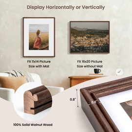 16X20 Picture Frame Set of 2, Natural Solid Walnut Wood Photo Frame with High Tempered Glass, Handcrafted Rounded Corner 16 by 20 Wooden Frame Matted to 11x14 for Horizontal or Vertical Wall Mounting