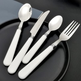 White Silverware Set for 6 Durable Stainless Steel Flatware Set 24 Piece Cutlery Tableware Utensils White Handle (ABS) Set Include Teaspoons Knives Forks and Spoons for Home Kitchen Christmas