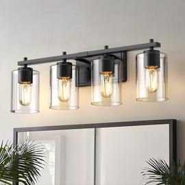 DORESshop 4 Light Bathroom Vanity Light Over Mirror, Matte Black Bathroom Light Fixtures with Clear Glass Shades, Modern Vanity Lights for Living Room Hallway