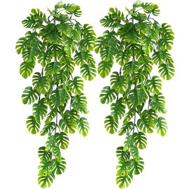 Artificial Hanging Plants 2 Pack, Fake Hanging Monstera Leaves Ivy Vine Faux Greenery Tropical Palm Leaves Outdoor Hanging Plants UV Resistant Jungle Leaf Plant for Garden Home Hawaiian Party Décor